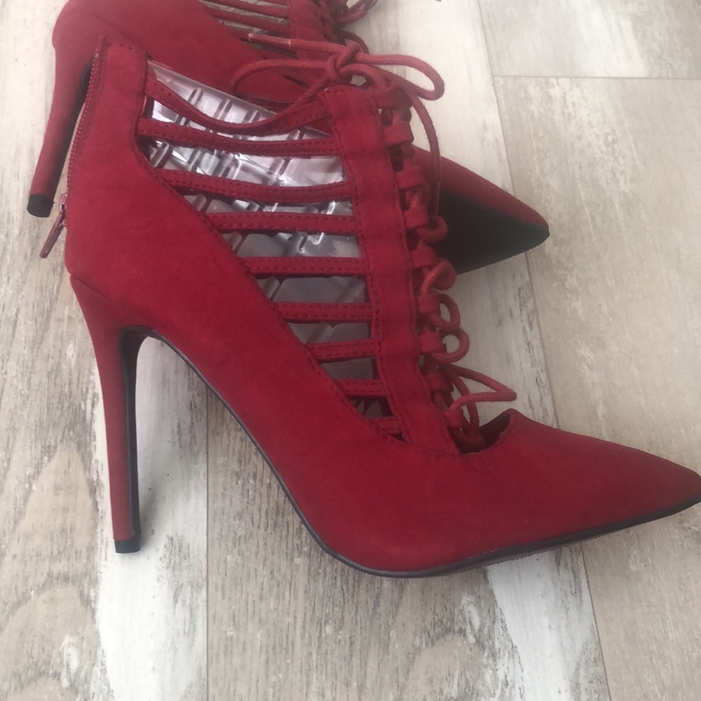 Anne Michelle burgundy lace up heels.